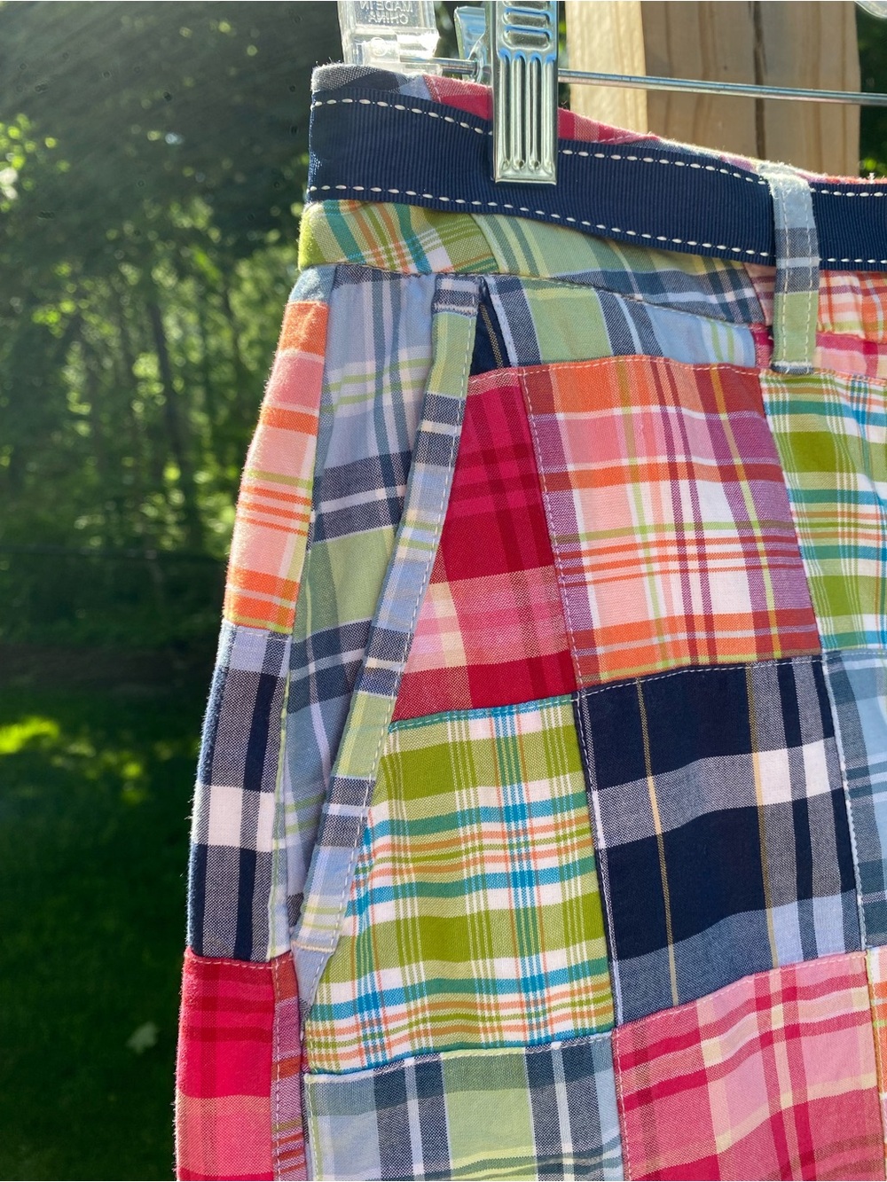 NWOT L.L. BEAN Multicolor Patchwork Plaid Cotton A-Line Skirt w/Navy Tie, Belted - Picture 5 of 8